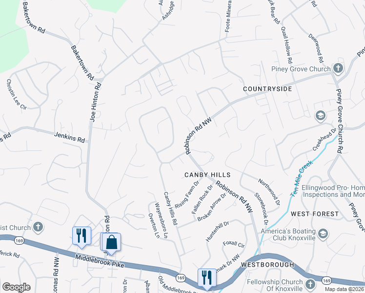map of restaurants, bars, coffee shops, grocery stores, and more near 2020 Robinson Road Northwest in Knoxville