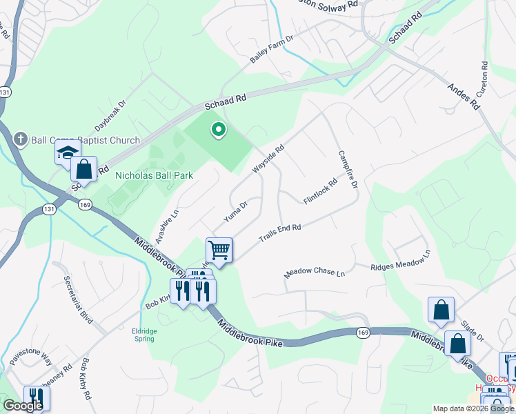 map of restaurants, bars, coffee shops, grocery stores, and more near 9512 Hoyle Beals Drive in Knoxville