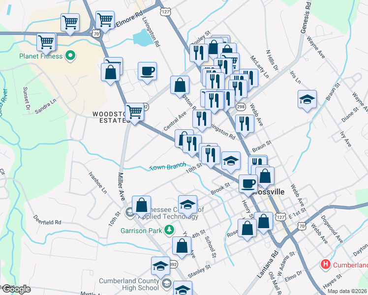map of restaurants, bars, coffee shops, grocery stores, and more near 660 West Avenue in Crossville