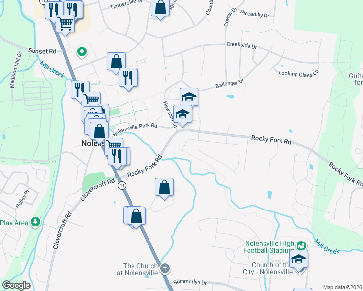 map of restaurants, bars, coffee shops, grocery stores, and more near 3279 Burris Drive in Nolensville