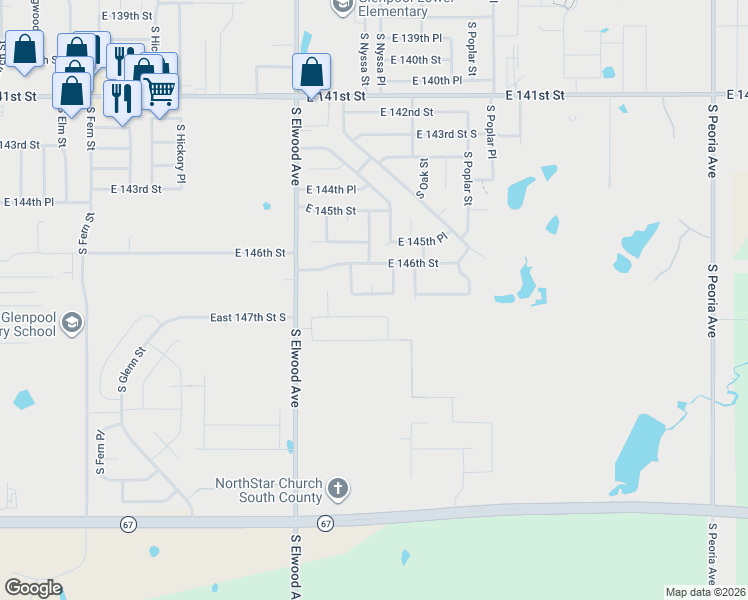 map of restaurants, bars, coffee shops, grocery stores, and more near 1122 East 146th Place South in Glenpool