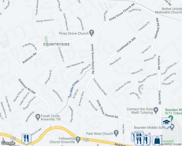 map of restaurants, bars, coffee shops, grocery stores, and more near 1909 Piney Grove Church Road in Knoxville