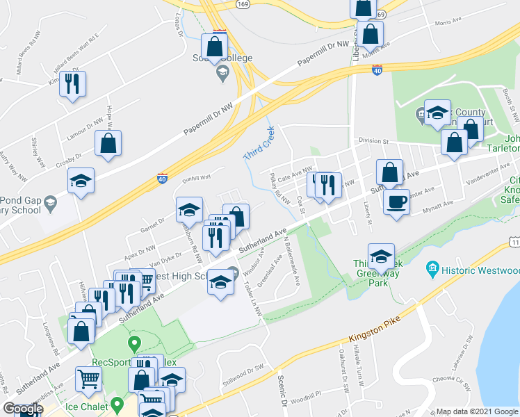 map of restaurants, bars, coffee shops, grocery stores, and more near 3200 Sutherland View Way in Knoxville