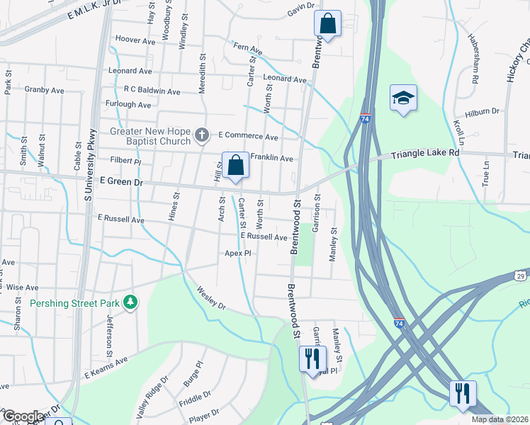 map of restaurants, bars, coffee shops, grocery stores, and more near 514 Twin Oak Court in High Point