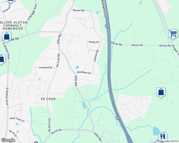 map of restaurants, bars, coffee shops, grocery stores, and more near 2305 Southern Drive in Durham