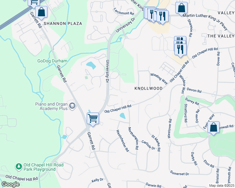 map of restaurants, bars, coffee shops, grocery stores, and more near 42 Innisfree Drive in Durham