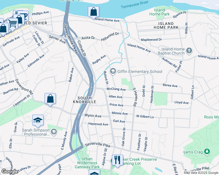 map of restaurants, bars, coffee shops, grocery stores, and more near in Knoxville