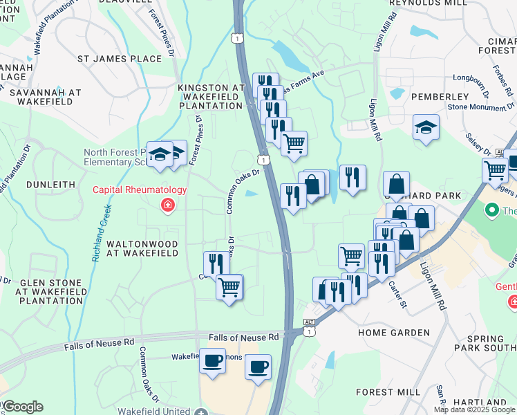 map of restaurants, bars, coffee shops, grocery stores, and more near 11410 Common Oaks Drive in Raleigh
