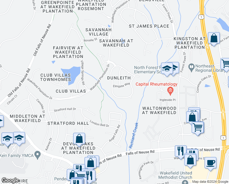 map of restaurants, bars, coffee shops, grocery stores, and more near 12452 Richmond Run Drive in Raleigh