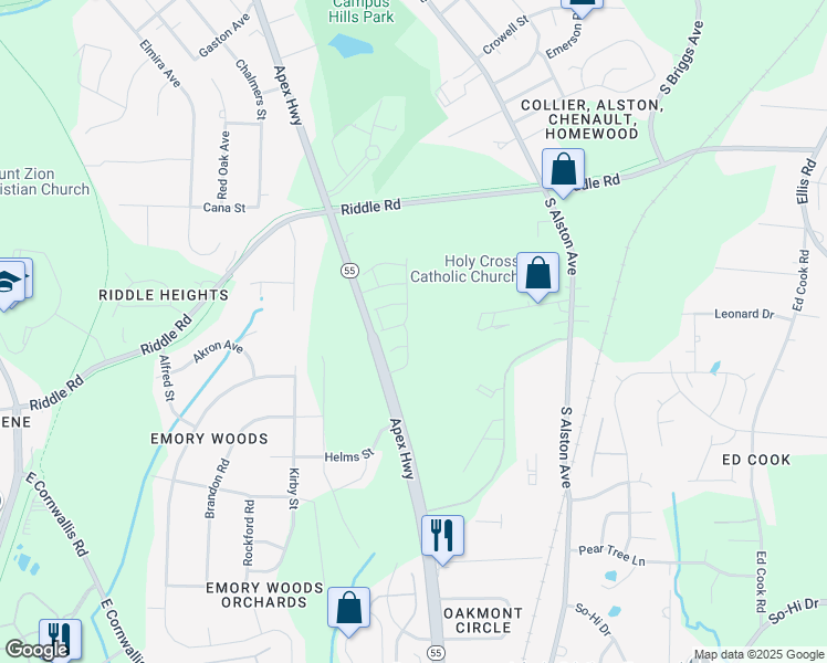 map of restaurants, bars, coffee shops, grocery stores, and more near 1013 Longitude Drive in Durham