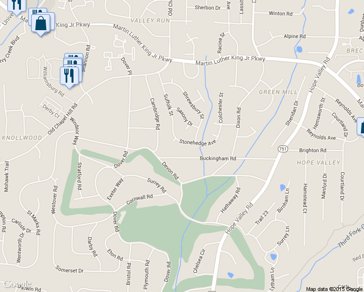 map of restaurants, bars, coffee shops, grocery stores, and more near 1111 Stonehedge Avenue in Durham