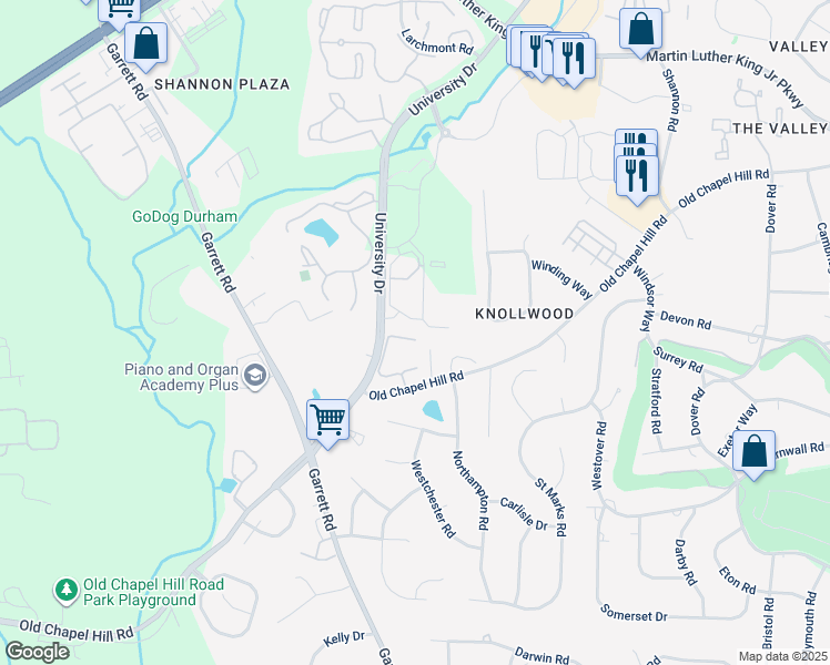 map of restaurants, bars, coffee shops, grocery stores, and more near 42 Innisfree Drive in Durham