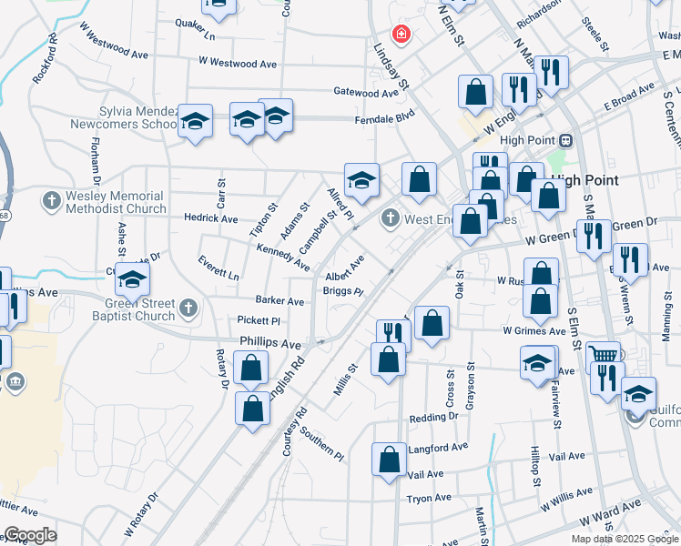 map of restaurants, bars, coffee shops, grocery stores, and more near 1016 Albert Avenue in High Point