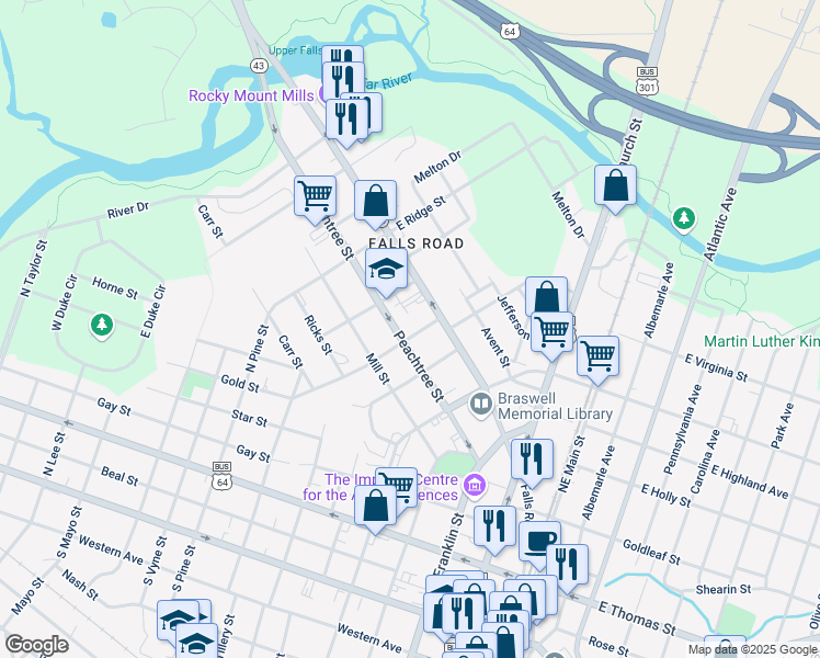 map of restaurants, bars, coffee shops, grocery stores, and more near 128 Earl Street in Rocky Mount
