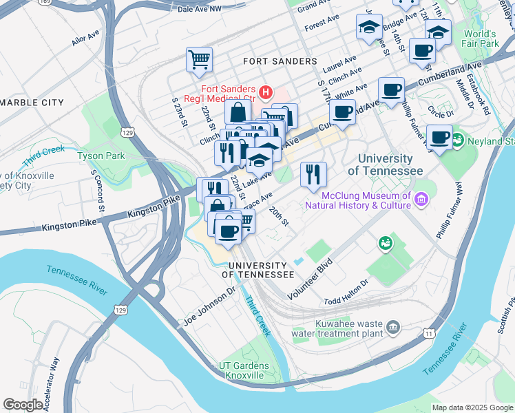 map of restaurants, bars, coffee shops, grocery stores, and more near 2106 Terrace Avenue in Knoxville