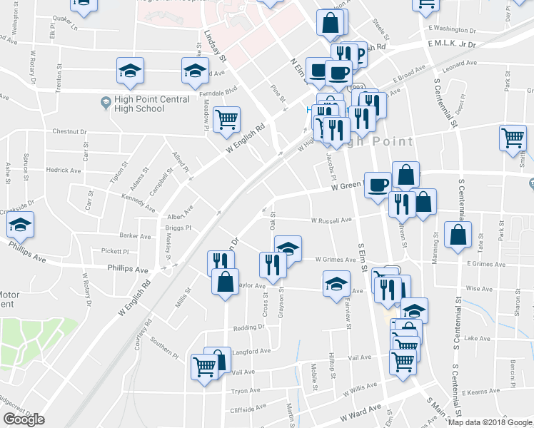 map of restaurants, bars, coffee shops, grocery stores, and more near 611 West Green Drive in High Point