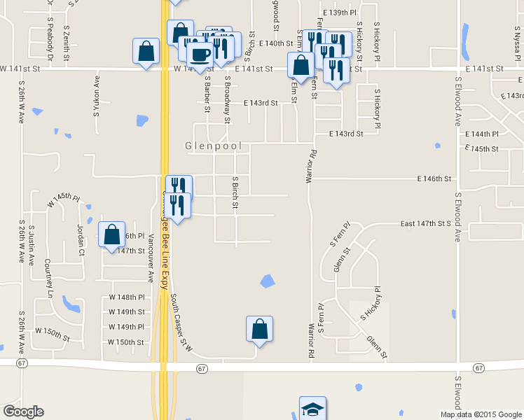 map of restaurants, bars, coffee shops, grocery stores, and more near 245 East 148th Street in Glenpool