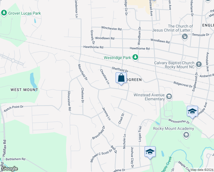 map of restaurants, bars, coffee shops, grocery stores, and more near 3520 Mansfield Drive in Rocky Mount