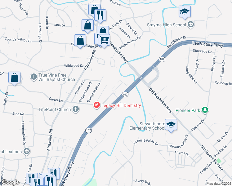map of restaurants, bars, coffee shops, grocery stores, and more near 696 Legacy Drive in Smyrna