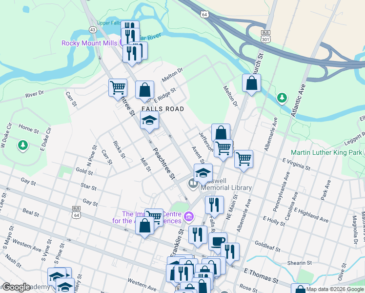 map of restaurants, bars, coffee shops, grocery stores, and more near 615 Falls Road in Rocky Mount