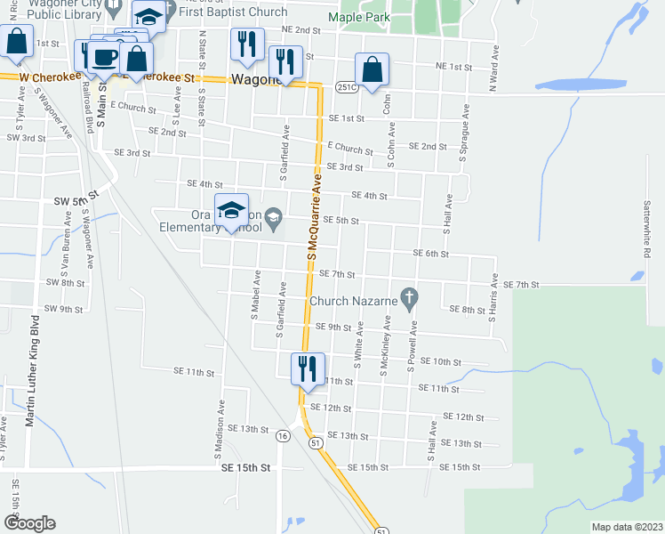 map of restaurants, bars, coffee shops, grocery stores, and more near 909 Southeast 7th Street in Wagoner