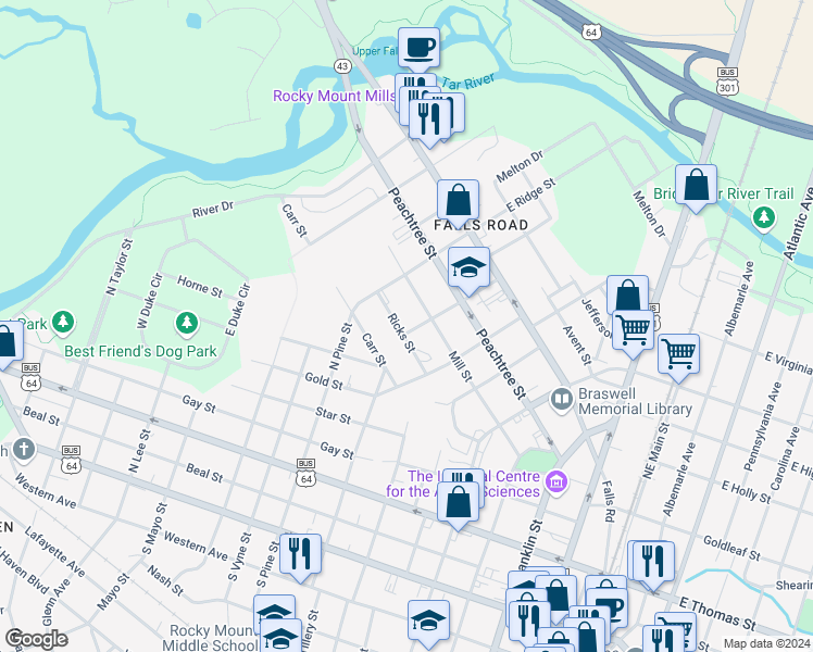 map of restaurants, bars, coffee shops, grocery stores, and more near 320 Trevathan Street in Rocky Mount