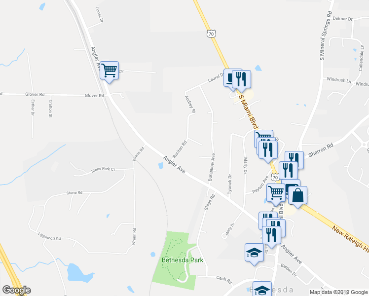 map of restaurants, bars, coffee shops, grocery stores, and more near 1535 Ruritan Road in Durham