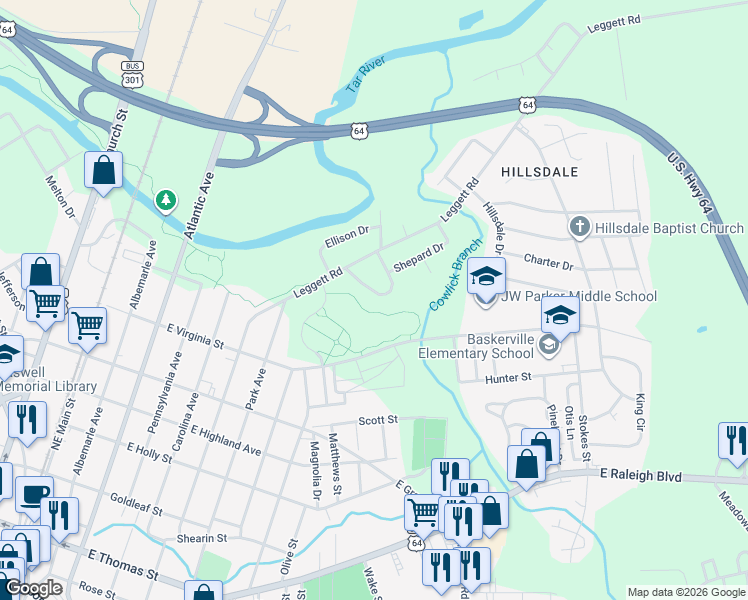 map of restaurants, bars, coffee shops, grocery stores, and more near 132 Spaulding Drive in Rocky Mount
