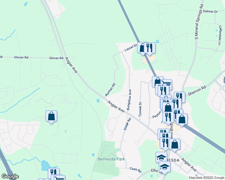 map of restaurants, bars, coffee shops, grocery stores, and more near 1535 Ruritan Road in Durham