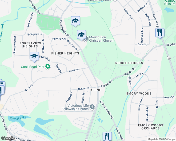 map of restaurants, bars, coffee shops, grocery stores, and more near 3804 Fayetteville Street in Durham