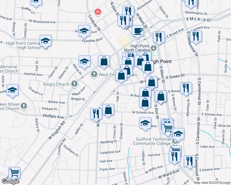 map of restaurants, bars, coffee shops, grocery stores, and more near 611 West Green Drive in High Point