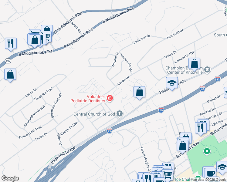 map of restaurants, bars, coffee shops, grocery stores, and more near 1611 Chenoweth Circle in Knoxville