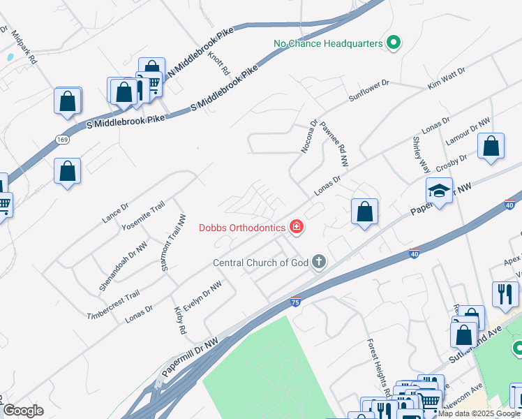 map of restaurants, bars, coffee shops, grocery stores, and more near 102 Brentway Circle in Knoxville