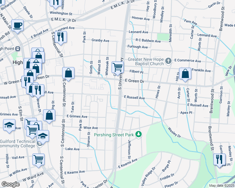 map of restaurants, bars, coffee shops, grocery stores, and more near 903 East Russell Avenue in High Point