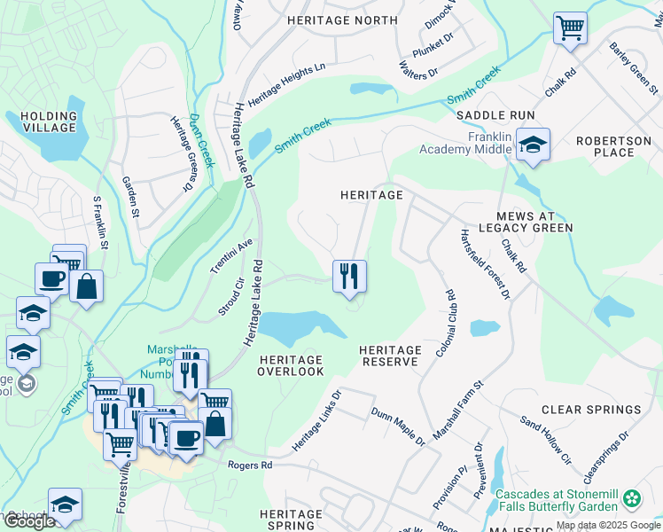 map of restaurants, bars, coffee shops, grocery stores, and more near 1408 Sky Hill Place in Wake Forest
