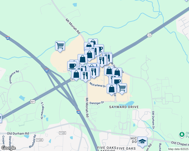map of restaurants, bars, coffee shops, grocery stores, and more near 5300 McFarland Drive in Durham