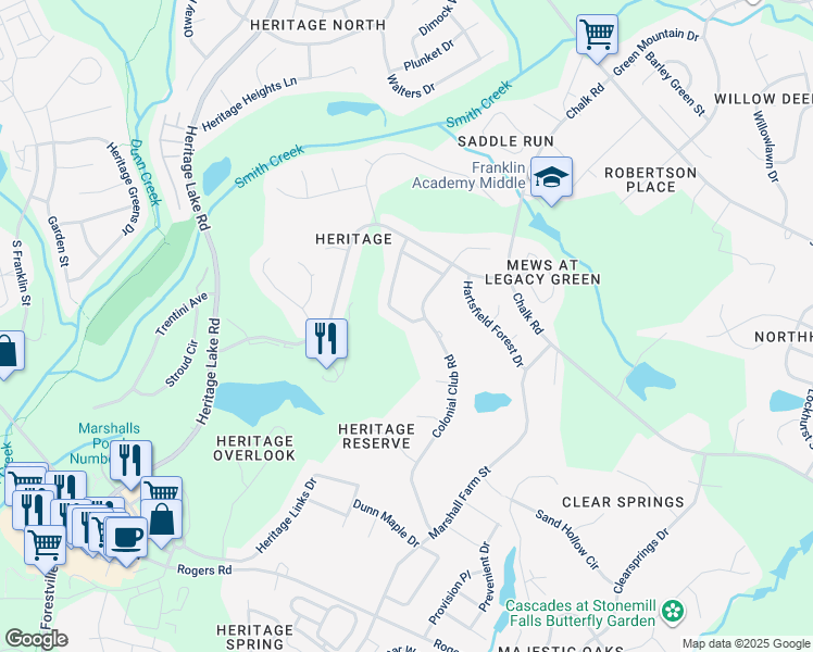 map of restaurants, bars, coffee shops, grocery stores, and more near 1320 ⛉ FairView Club Drive in Wake Forest