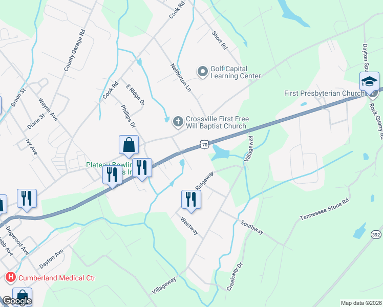 map of restaurants, bars, coffee shops, grocery stores, and more near 1122 U.S. 70 in Crossville
