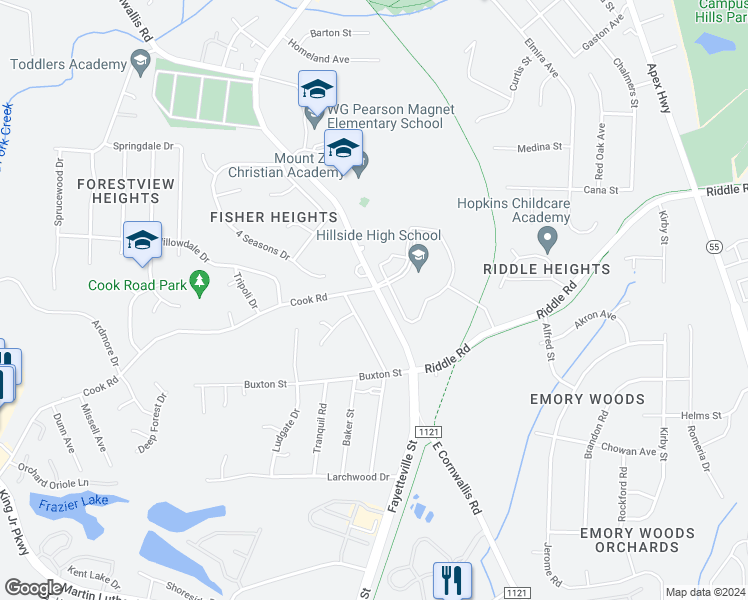 map of restaurants, bars, coffee shops, grocery stores, and more near 3804 Fayetteville Street in Durham