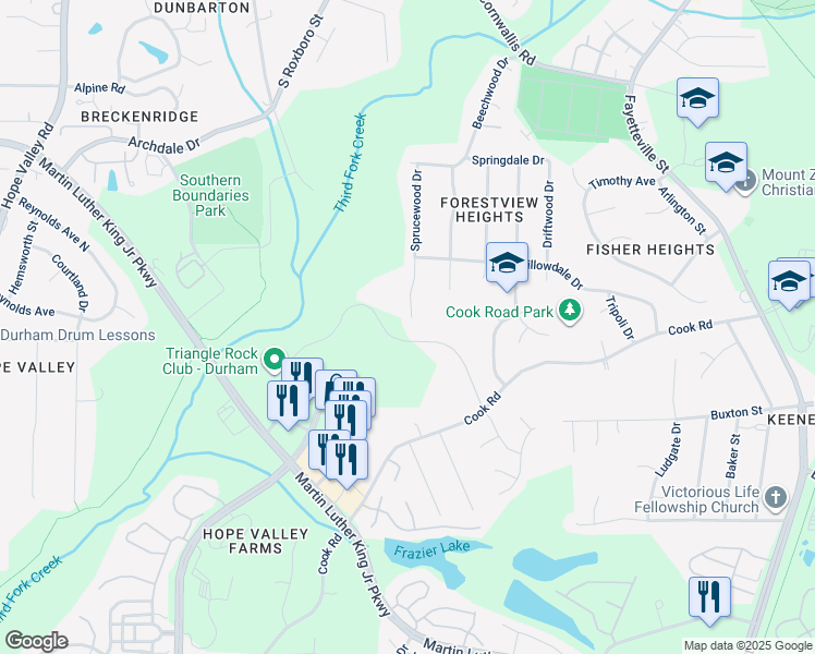 map of restaurants, bars, coffee shops, grocery stores, and more near 3020 Sprucewood Drive in Durham