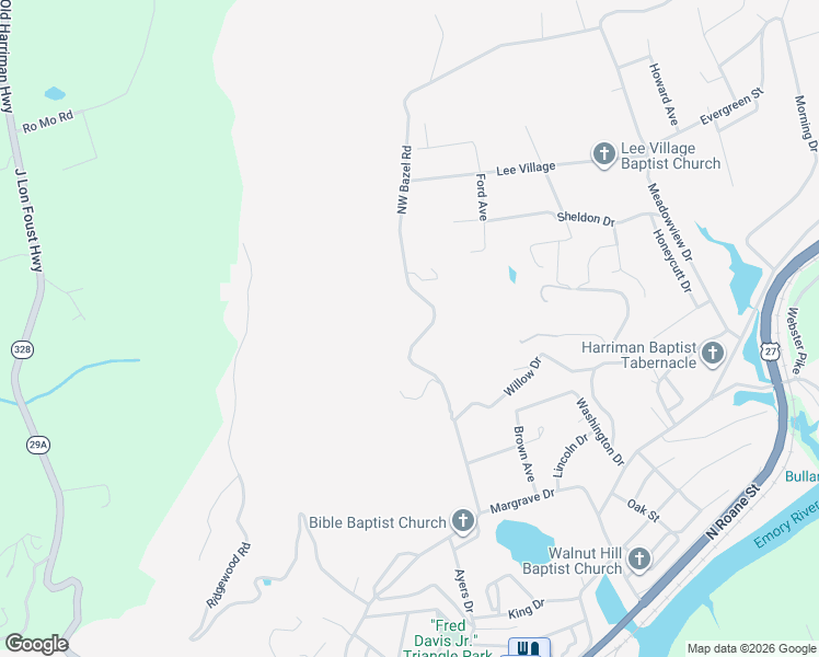 map of restaurants, bars, coffee shops, grocery stores, and more near 425 Northwest Bazel Road in Harriman