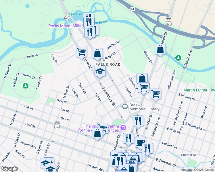 map of restaurants, bars, coffee shops, grocery stores, and more near 128 Earl Street in Rocky Mount