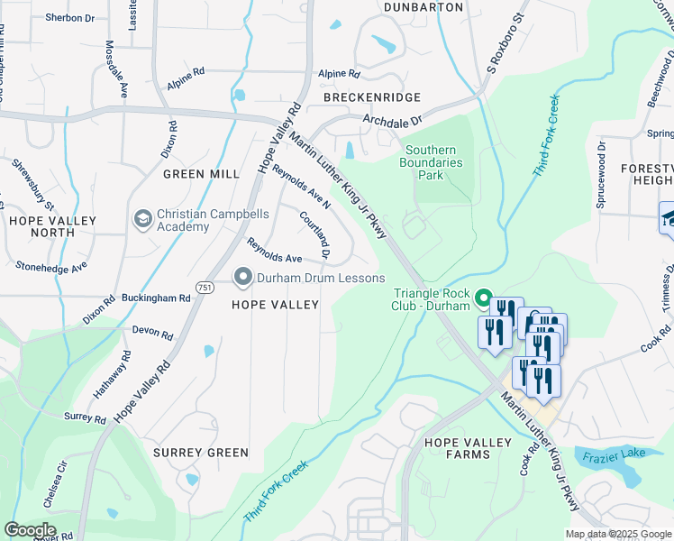 map of restaurants, bars, coffee shops, grocery stores, and more near 411 Reynolds Avenue in Durham