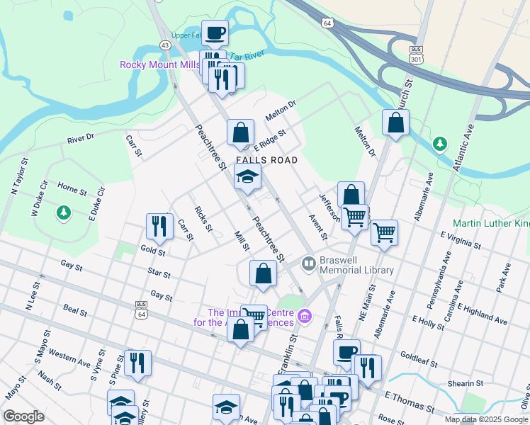 map of restaurants, bars, coffee shops, grocery stores, and more near 128 Earl Street in Rocky Mount