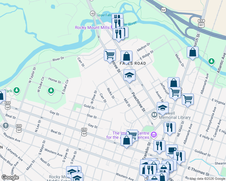 map of restaurants, bars, coffee shops, grocery stores, and more near 315 Trevathan Street in Rocky Mount