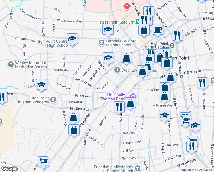 map of restaurants, bars, coffee shops, grocery stores, and more near 106 Briggs Place in High Point