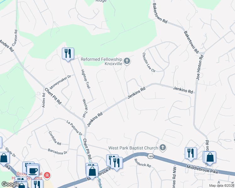 map of restaurants, bars, coffee shops, grocery stores, and more near 7931 Jenkins Road in Knoxville
