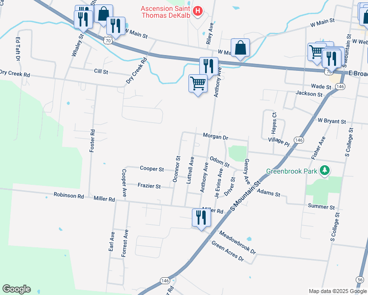 map of restaurants, bars, coffee shops, grocery stores, and more near 817 Luttrell Avenue in Smithville
