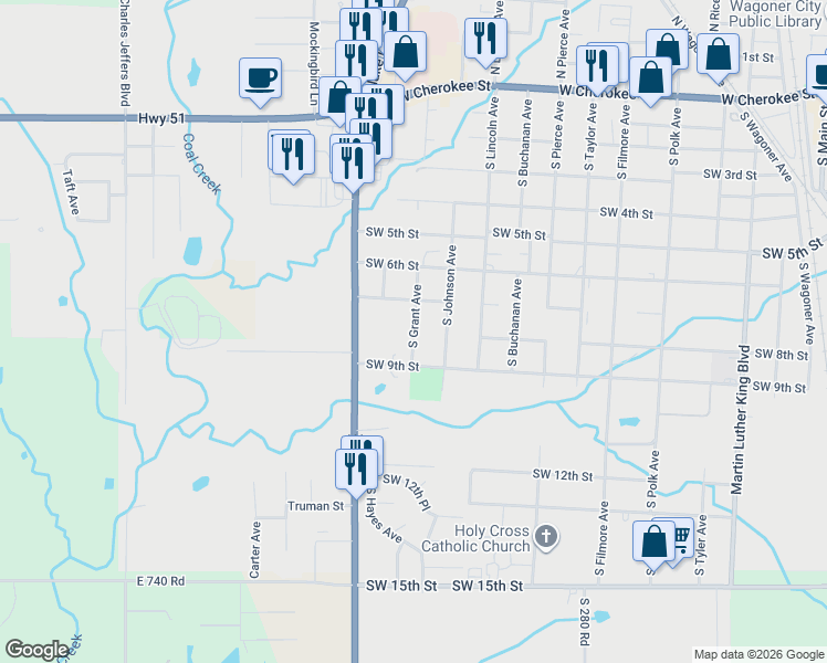 map of restaurants, bars, coffee shops, grocery stores, and more near 901 South Grant Avenue in Wagoner