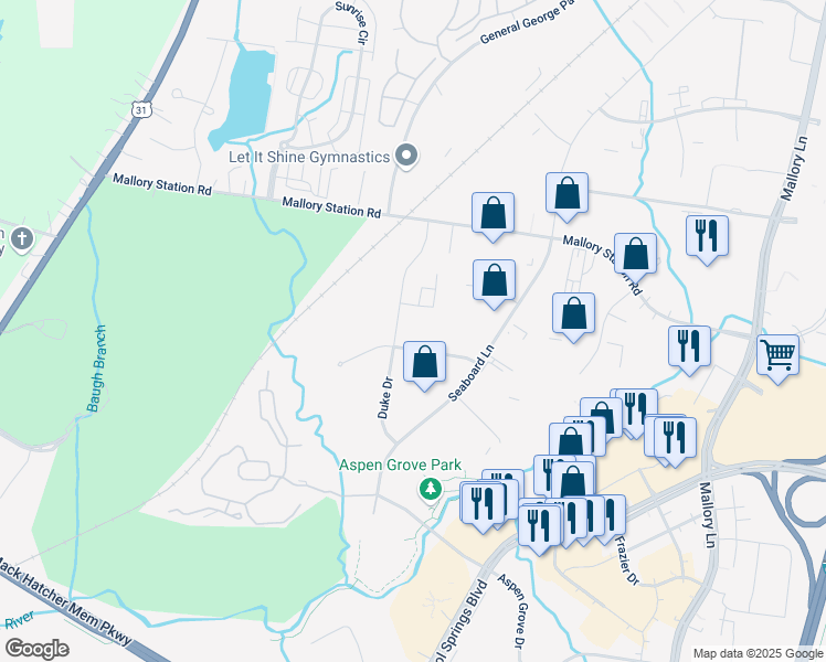 map of restaurants, bars, coffee shops, grocery stores, and more near 416 Mary Lindsay Polk Drive in Franklin
